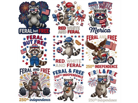 Feral Raccoon USA 250 PNG Bundle: Patriotic Design Assets