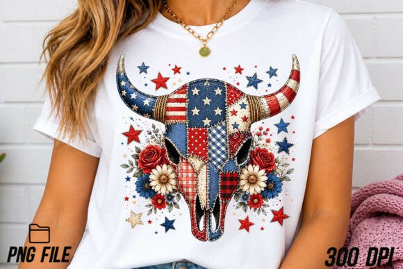 Patriotic Cow Skull PNG, Boho Floral: A Versatile Design Asset
